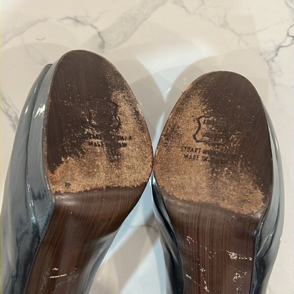 STUART Weitzman Shiny Gray peep toe platform evening prom high heels size 7.5 M - Picture 12 of 16